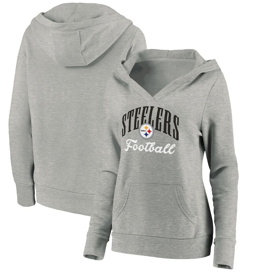 Women Pittsburgh Steelers Fanatics Branded Heathered Gray Victory Script V-Neck Pullover Hoodie
